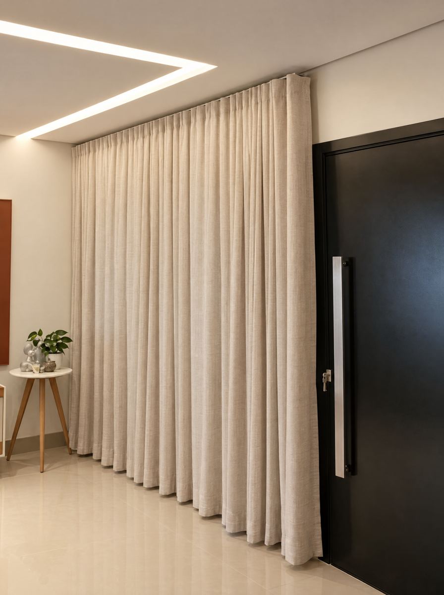 Cortina de linho do teto ao chão com caimento reto, ao lado de uma porta escura